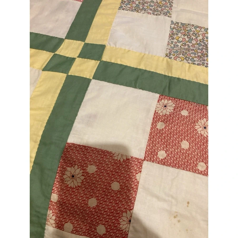 Vintage Hand Sewn Nine Patch Quilt Top Sashing And Cornerstones 70x81 Unfinished
